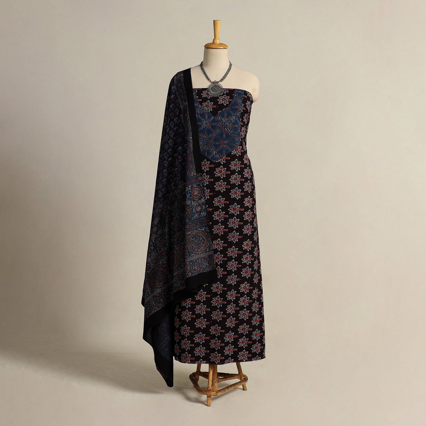  Black 2pc Block Print Natural Dyed Ajrakh Dress Material