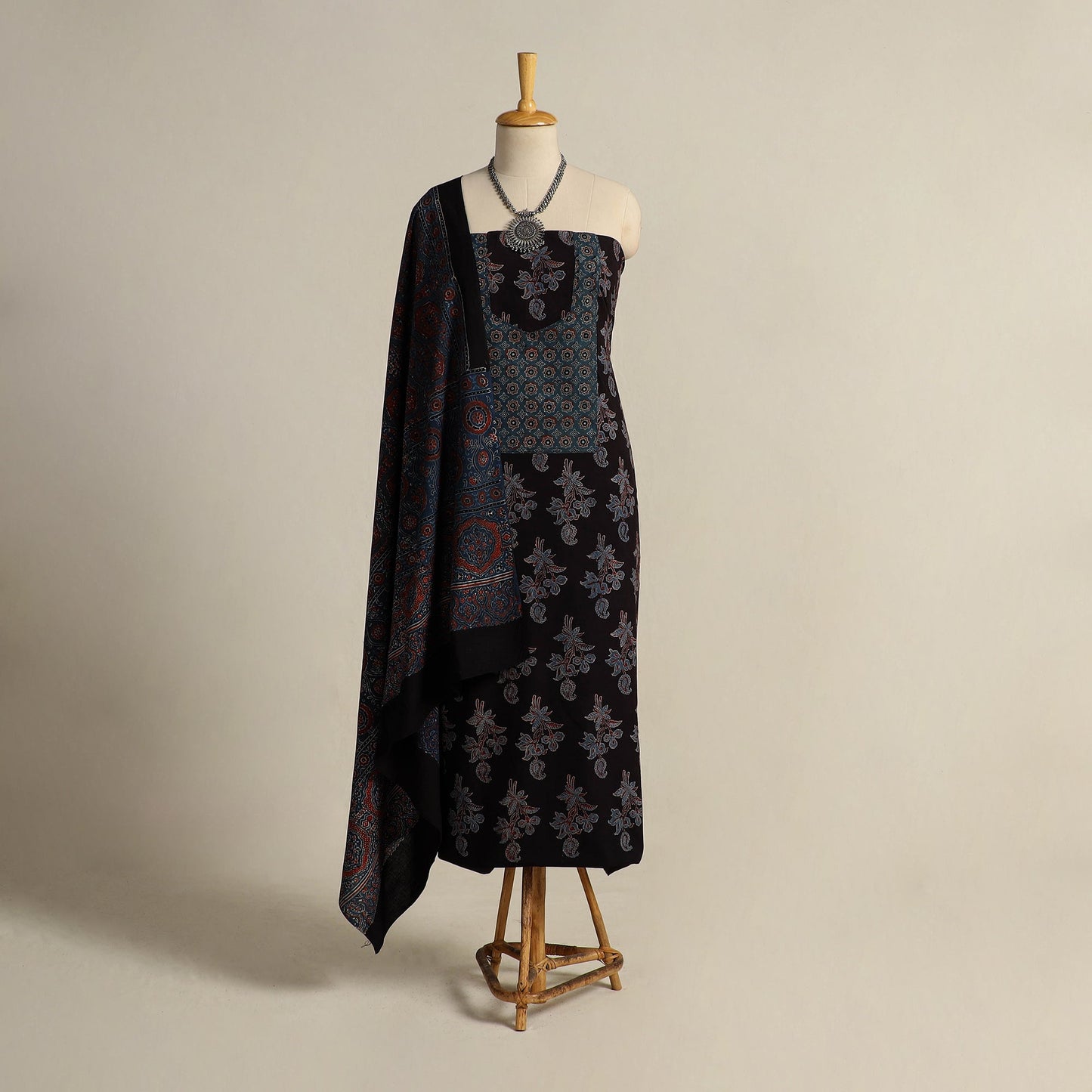  Black 2pc Block Print Natural Dyed Ajrakh Dress Material