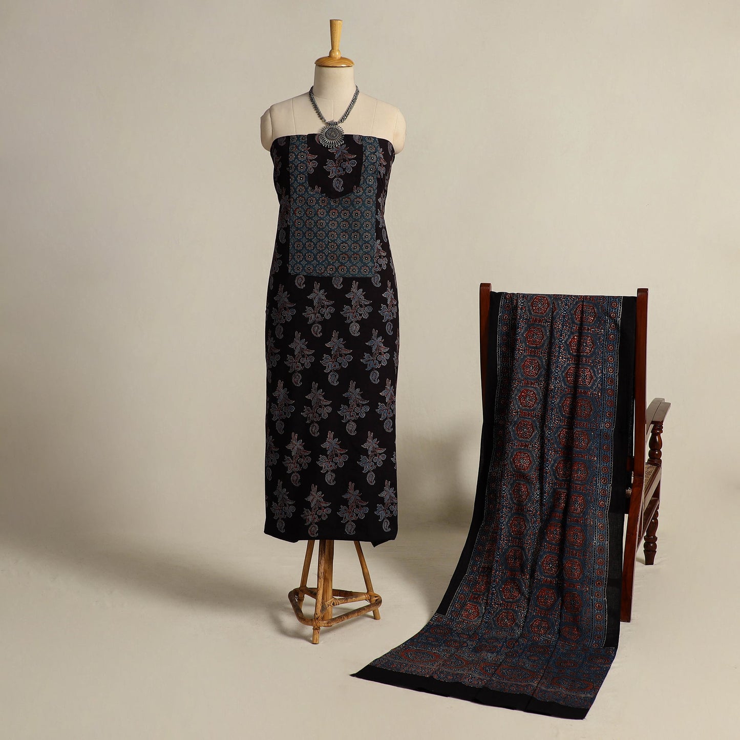  Black 2pc Block Print Natural Dyed Ajrakh Dress Material