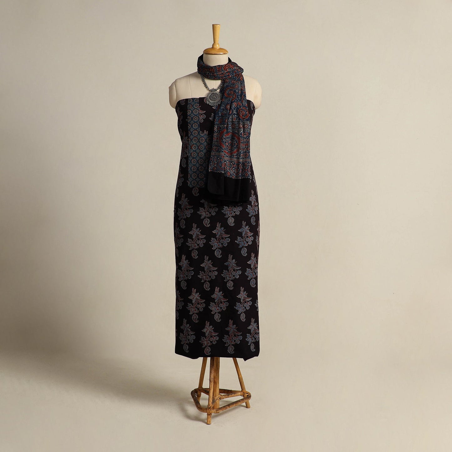  Black 2pc Block Print Natural Dyed Ajrakh Dress Material