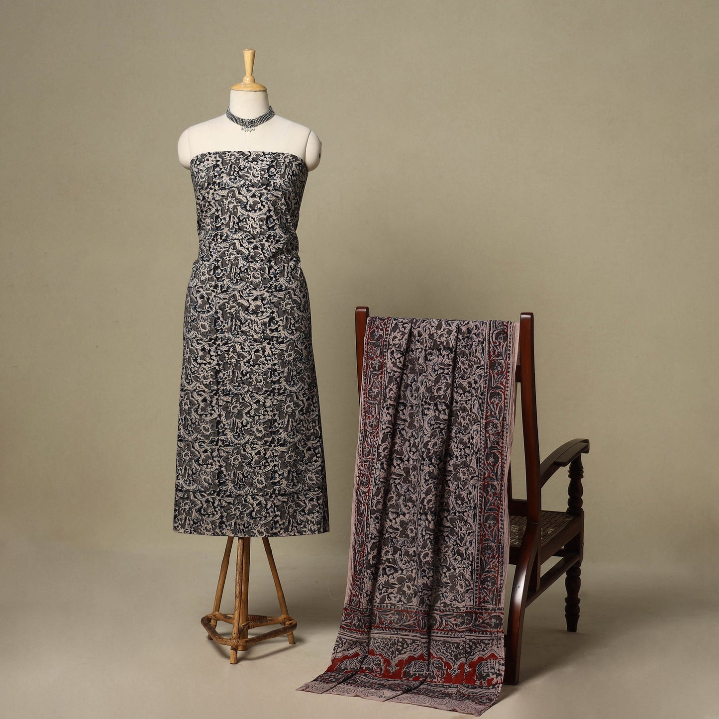 Black - 2pc pedana cotton unstitched kalamkari dress