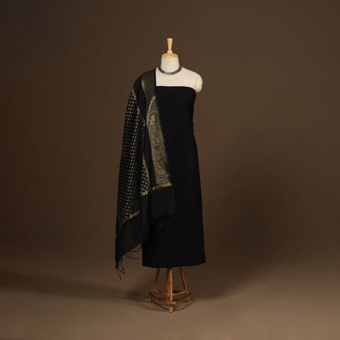 Black - 2pc slub silk unstitched plain dress material