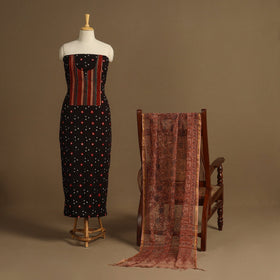 Black 2pc Unstitched Bandhani Dress Material with Jewellery Set