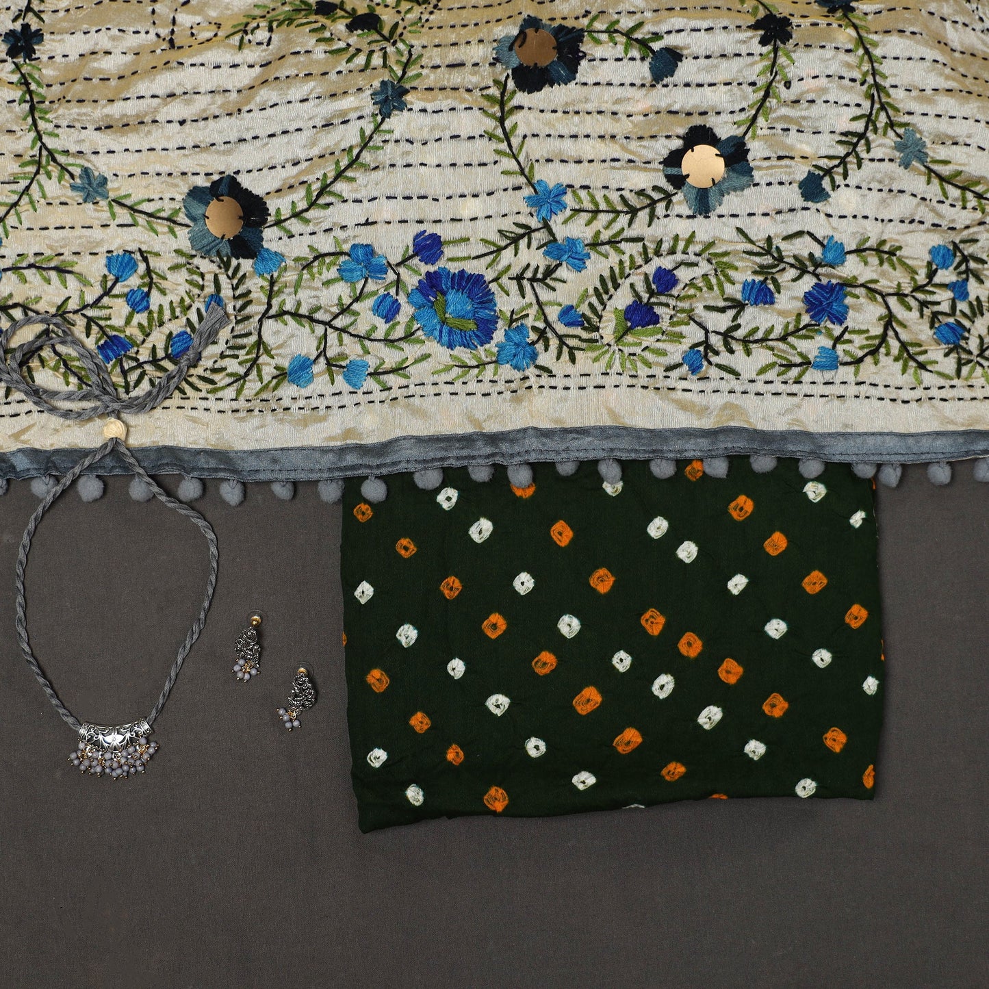 Black 2pc Unstitched Bandhani Dress Material with Jewellery Set