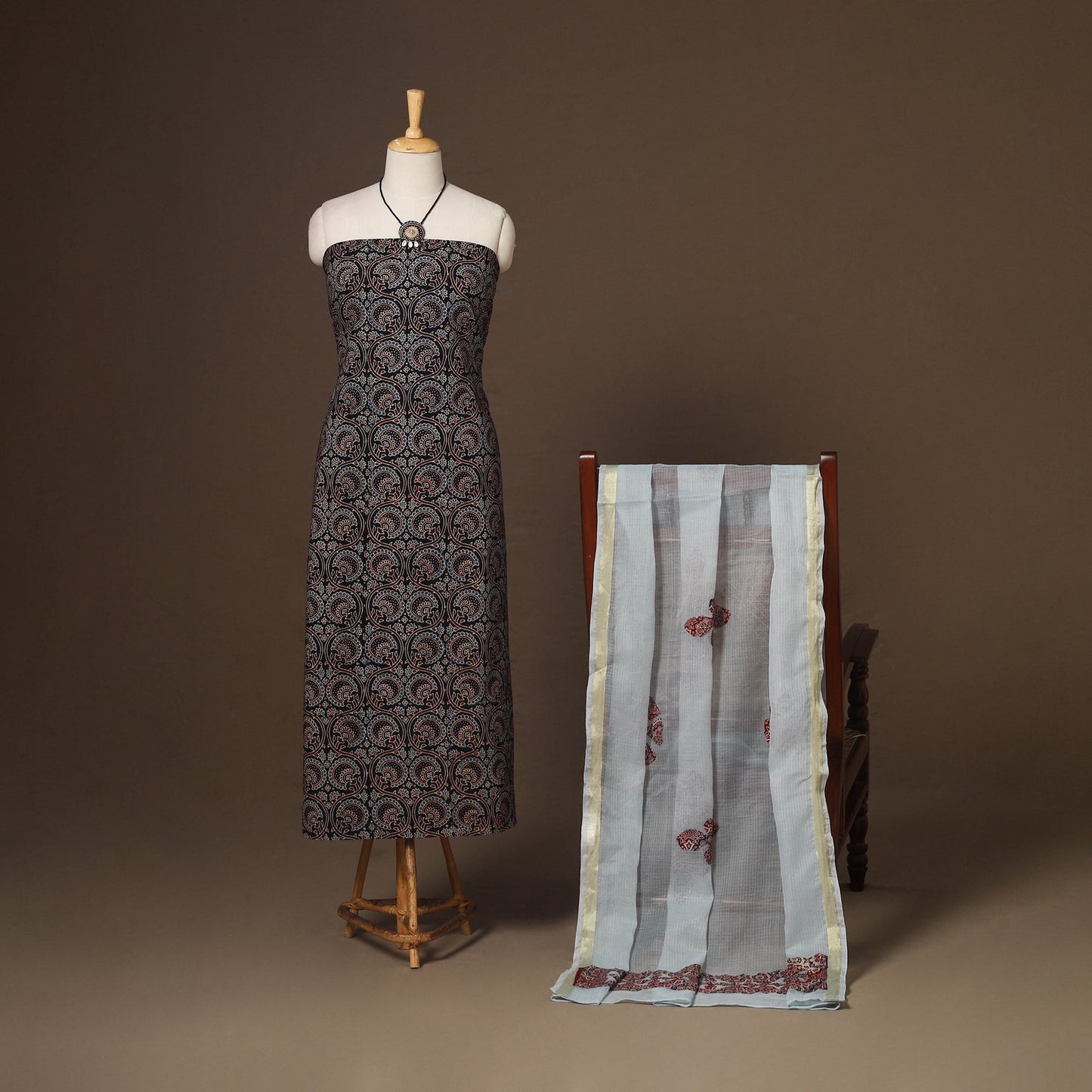 Black - 2pc unstitched dress material with jewellery set 02