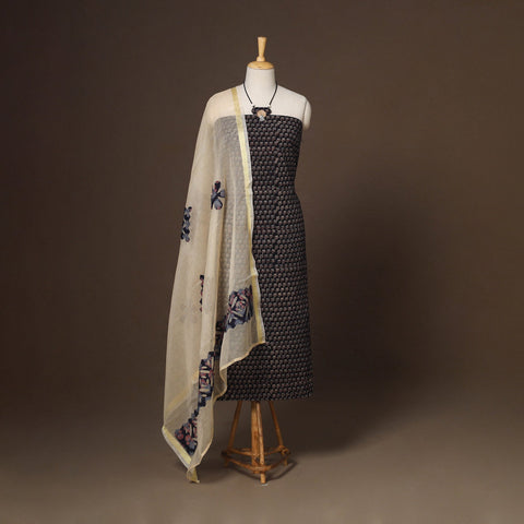 Black - 2pc unstitched dress material with jewellery set 06