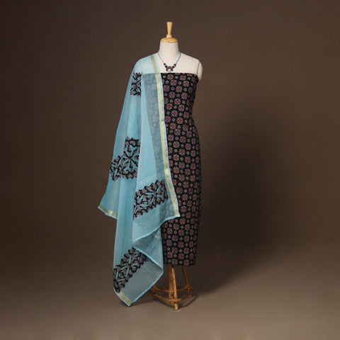 Black - 2pc unstitched dress material with jewellery set 07