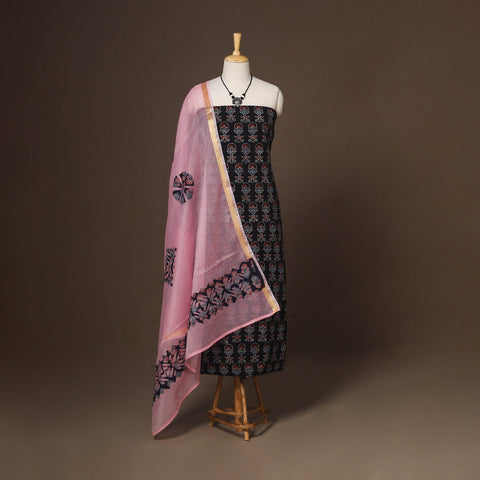 Black - 2pc unstitched dress material with jewellery set 08