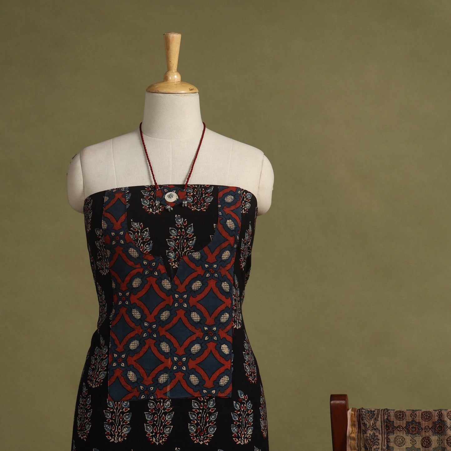 Black 2pc Unstitched Ajrakh Dress Material with Jewellery Set