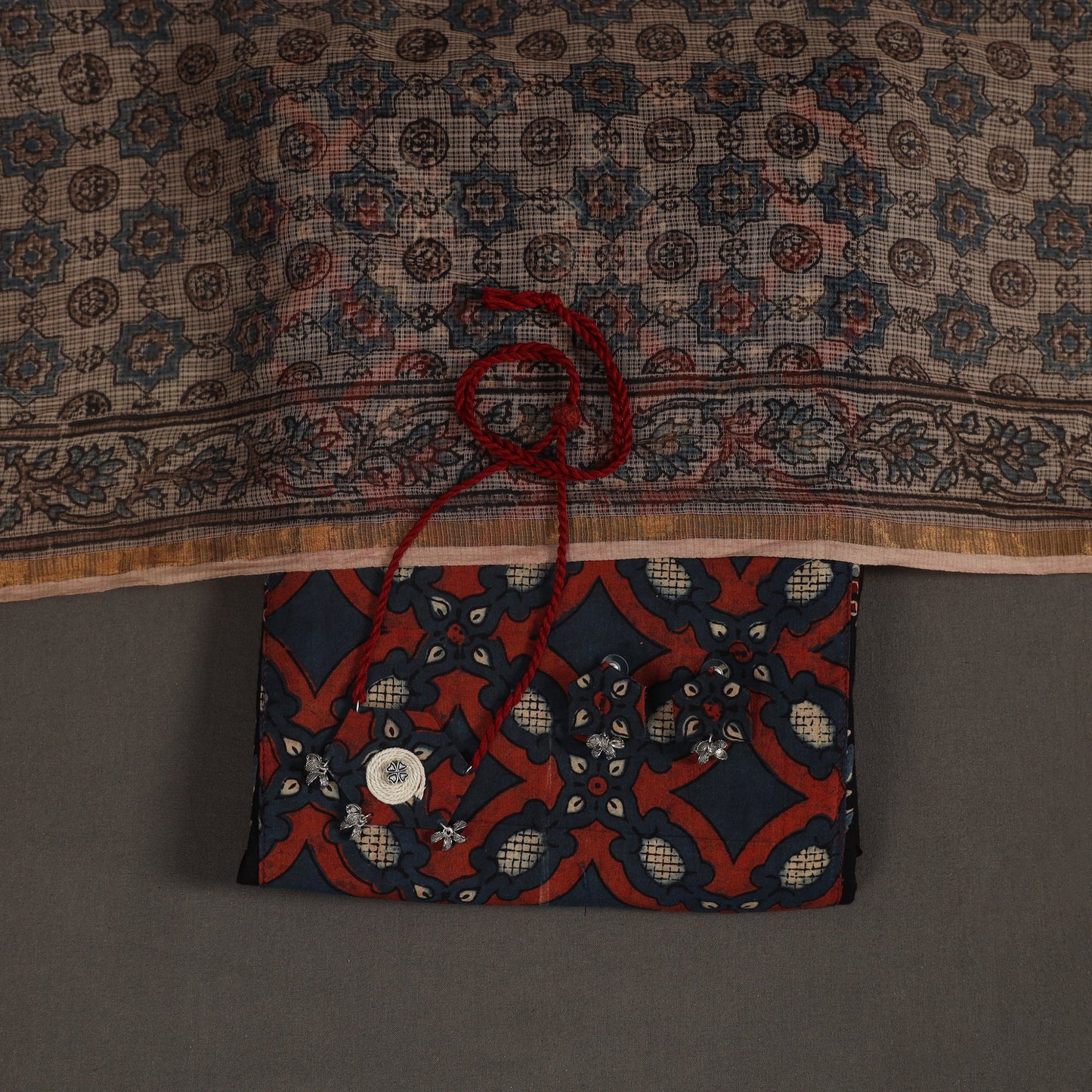 Black 2pc Unstitched Ajrakh Dress Material with Jewellery Set