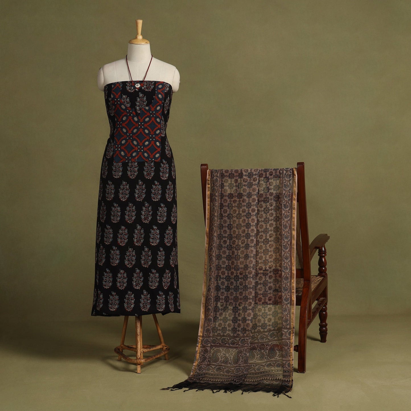 Black 2pc Unstitched Ajrakh Dress Material with Jewellery Set