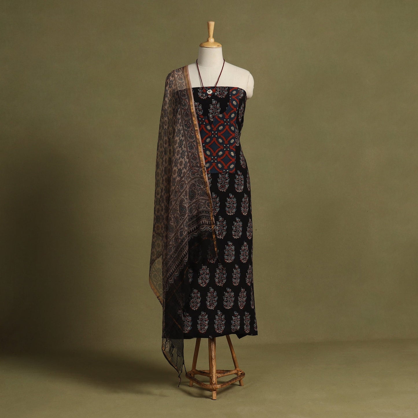 Black 2pc Unstitched Ajrakh Dress Material with Jewellery Set