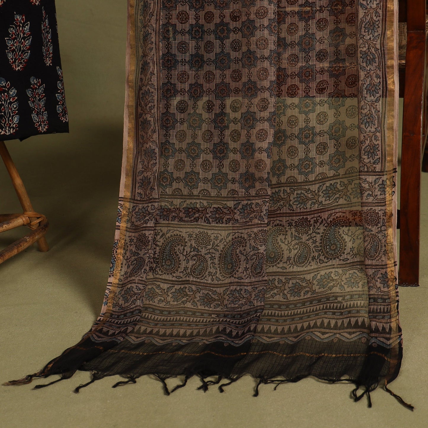 Black 2pc Unstitched Ajrakh Dress Material with Jewellery Set