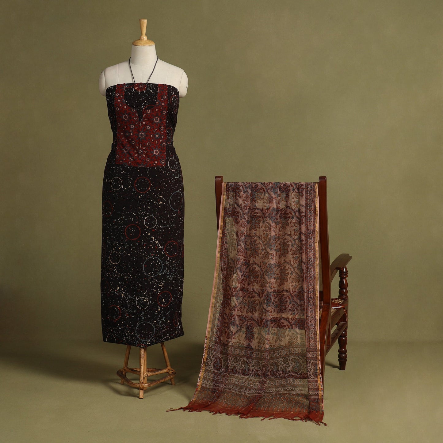 Black 2pc Unstitched Ajrakh Dress Material with Jewellery Set