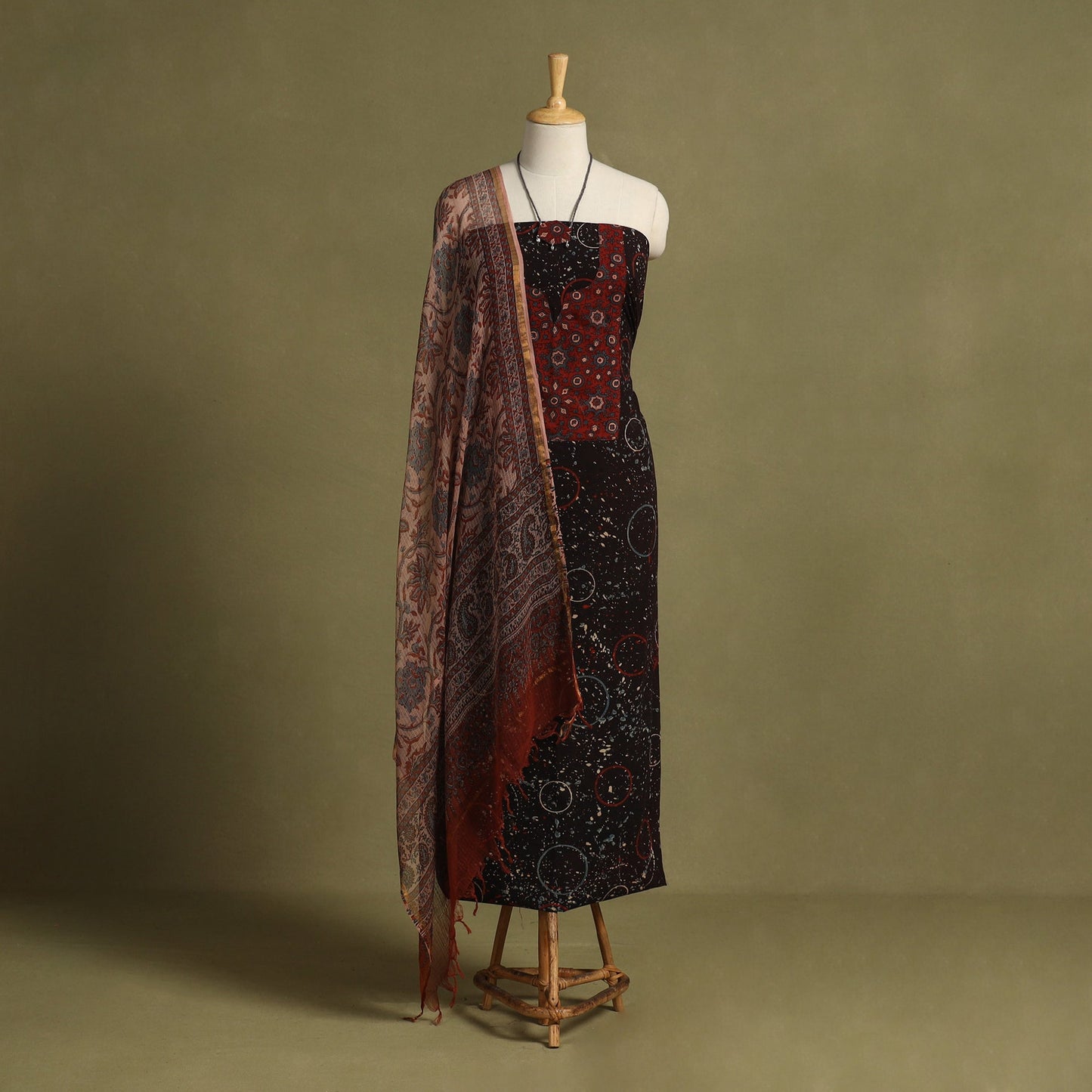 Black 2pc Unstitched Ajrakh Dress Material with Jewellery Set