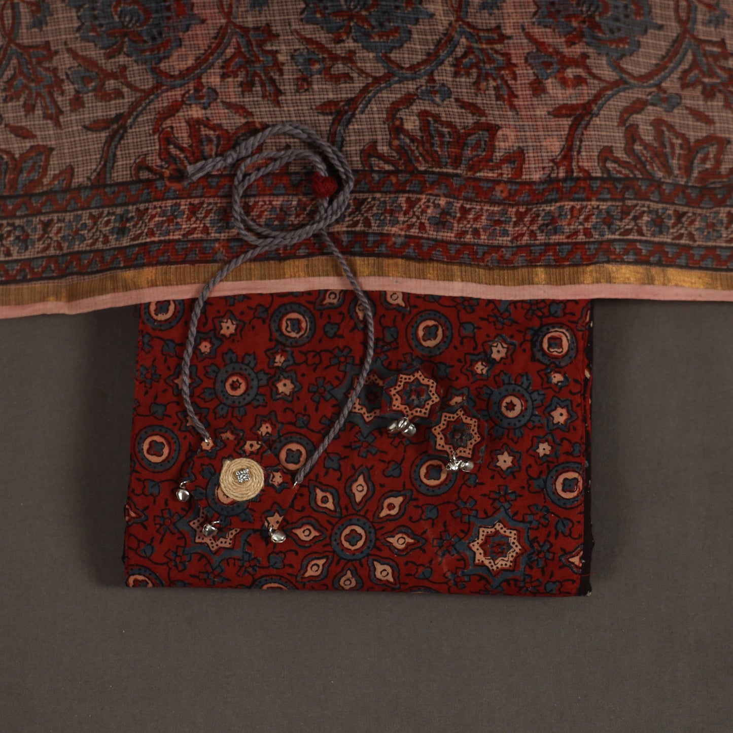 Black 2pc Unstitched Ajrakh Dress Material with Jewellery Set