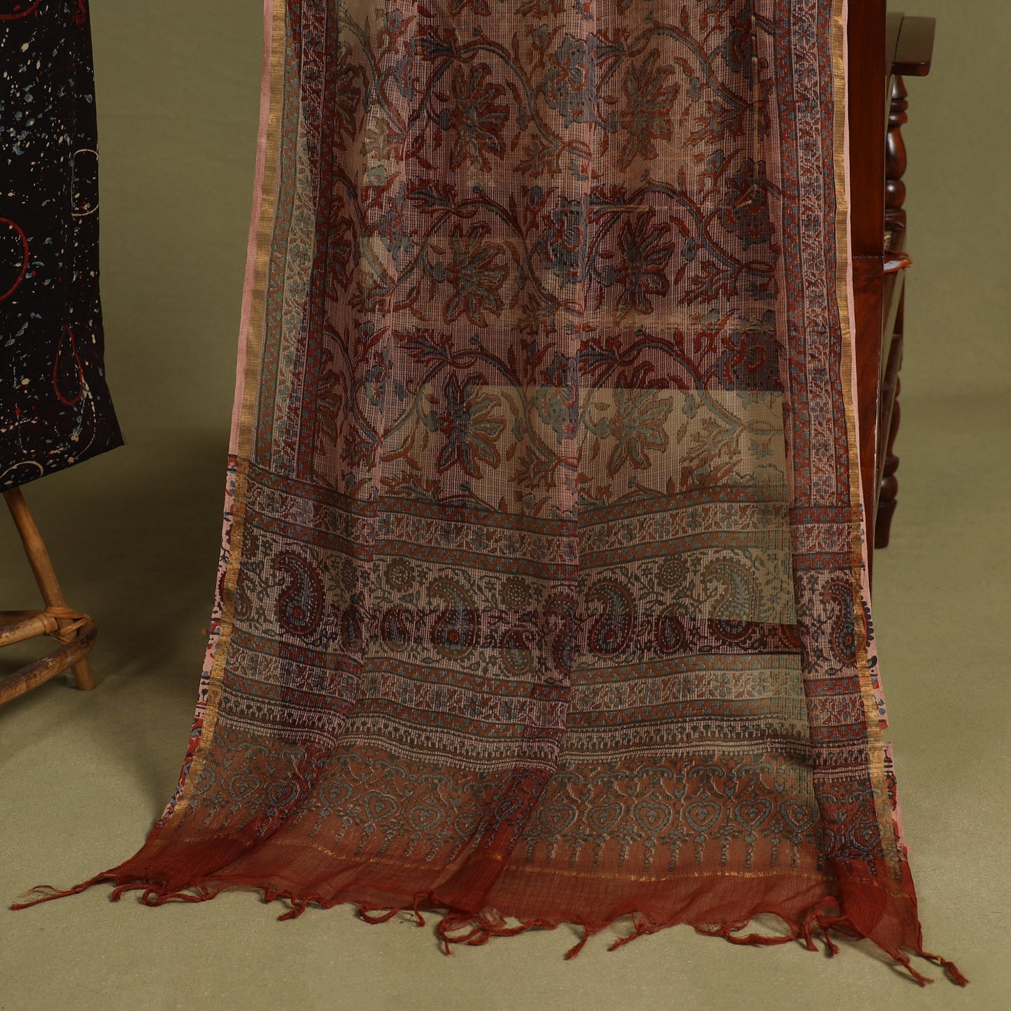 Black 2pc Unstitched Ajrakh Dress Material with Jewellery Set