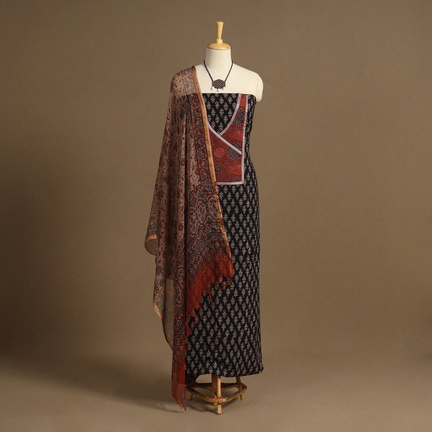 Black - 2pc unstitched dress material with jewellery set 21