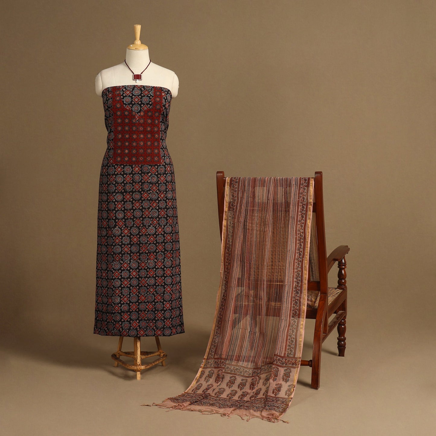 Black 2pc Unstitched Ajrakh Dress Material with Jewellery Set