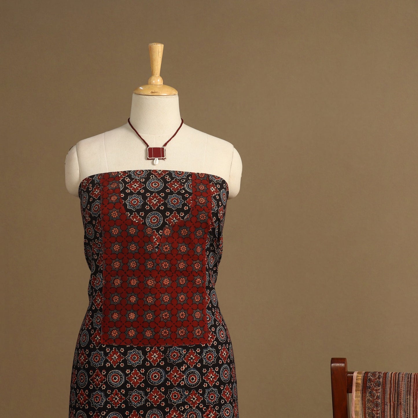 Black 2pc Unstitched Ajrakh Dress Material with Jewellery Set