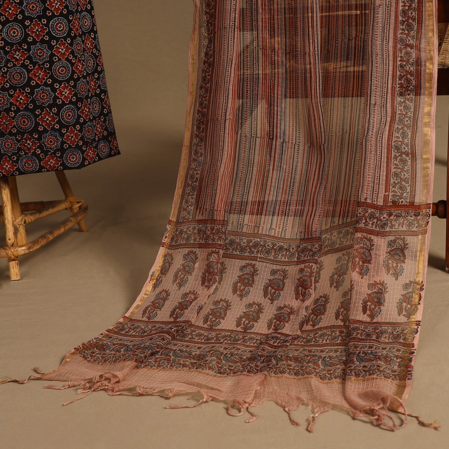 Black 2pc Unstitched Ajrakh Dress Material with Jewellery Set