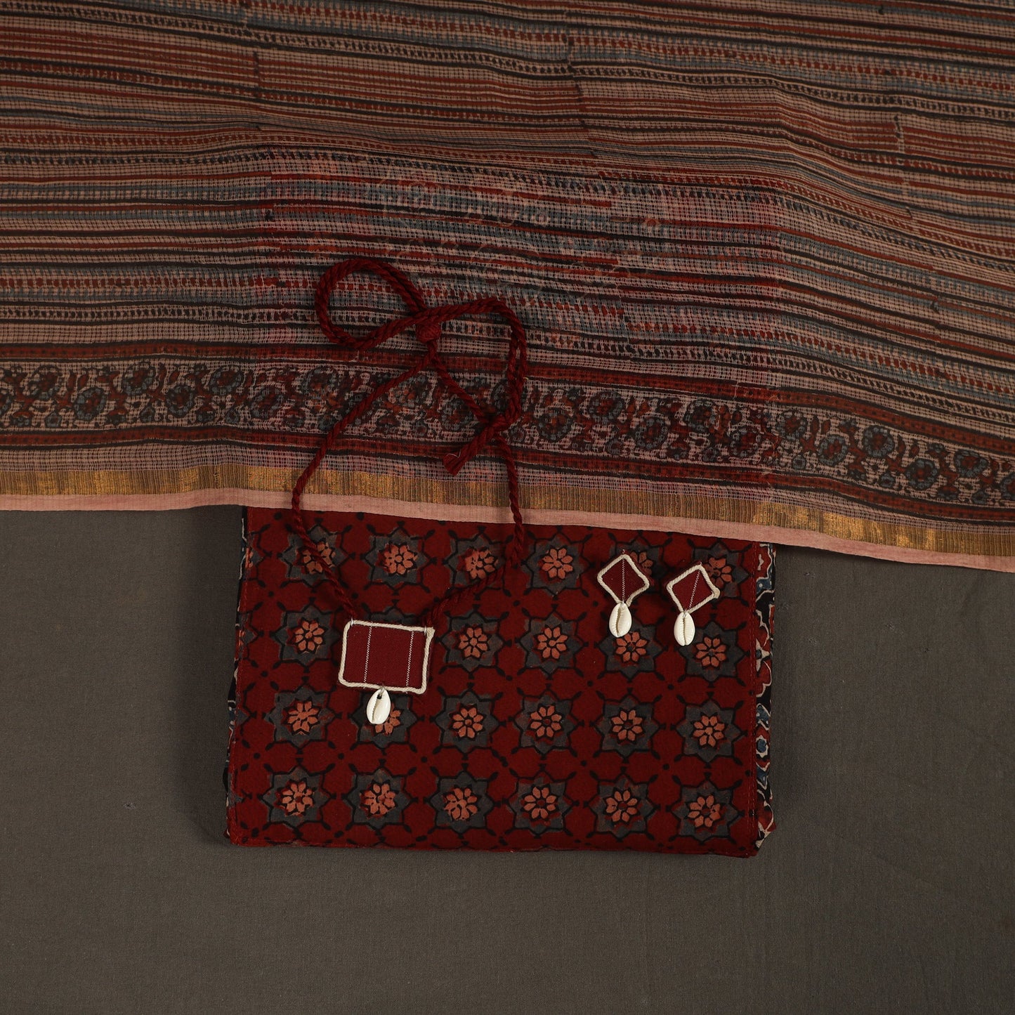 Black 2pc Unstitched Ajrakh Dress Material with Jewellery Set