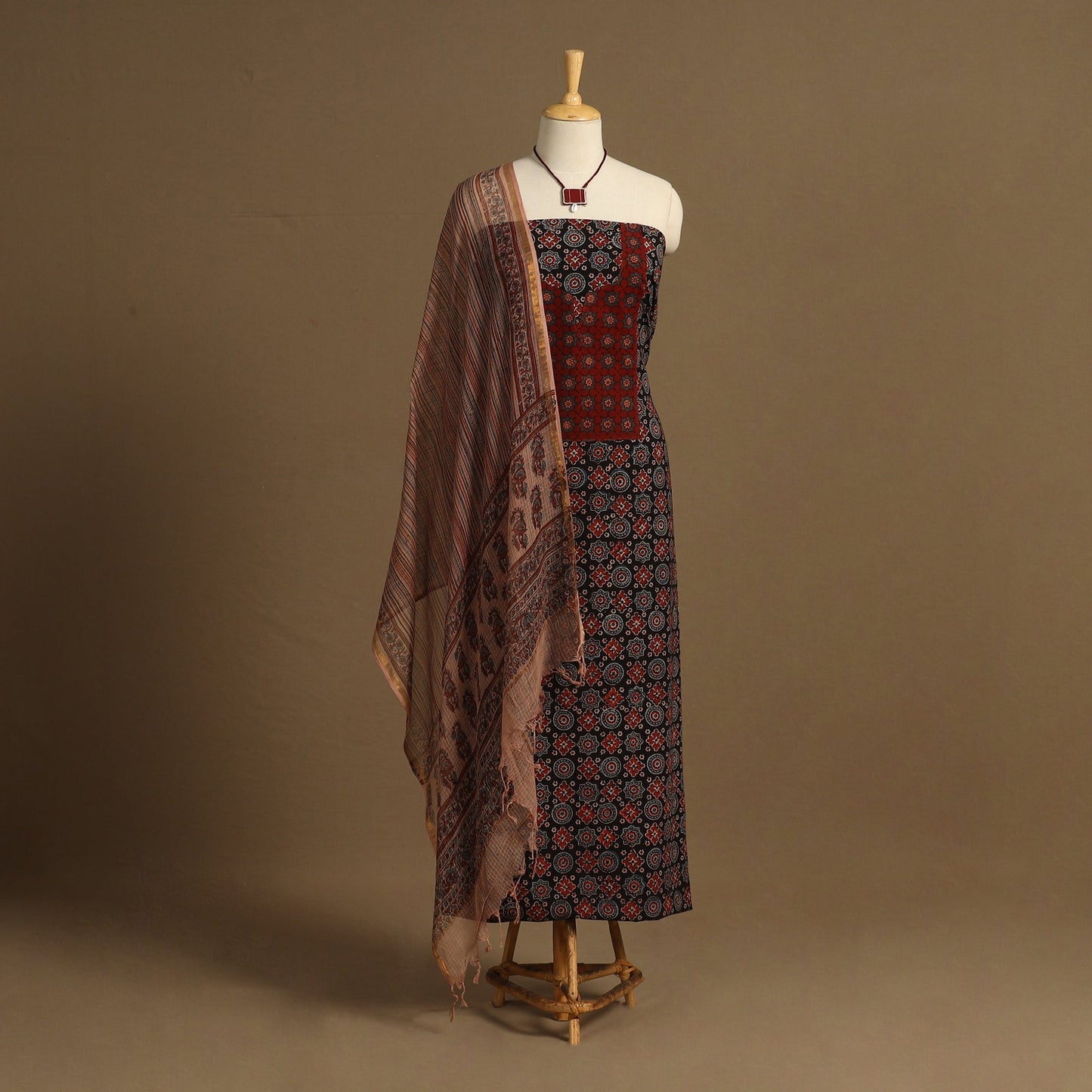 Black 2pc Unstitched Ajrakh Dress Material with Jewellery Set