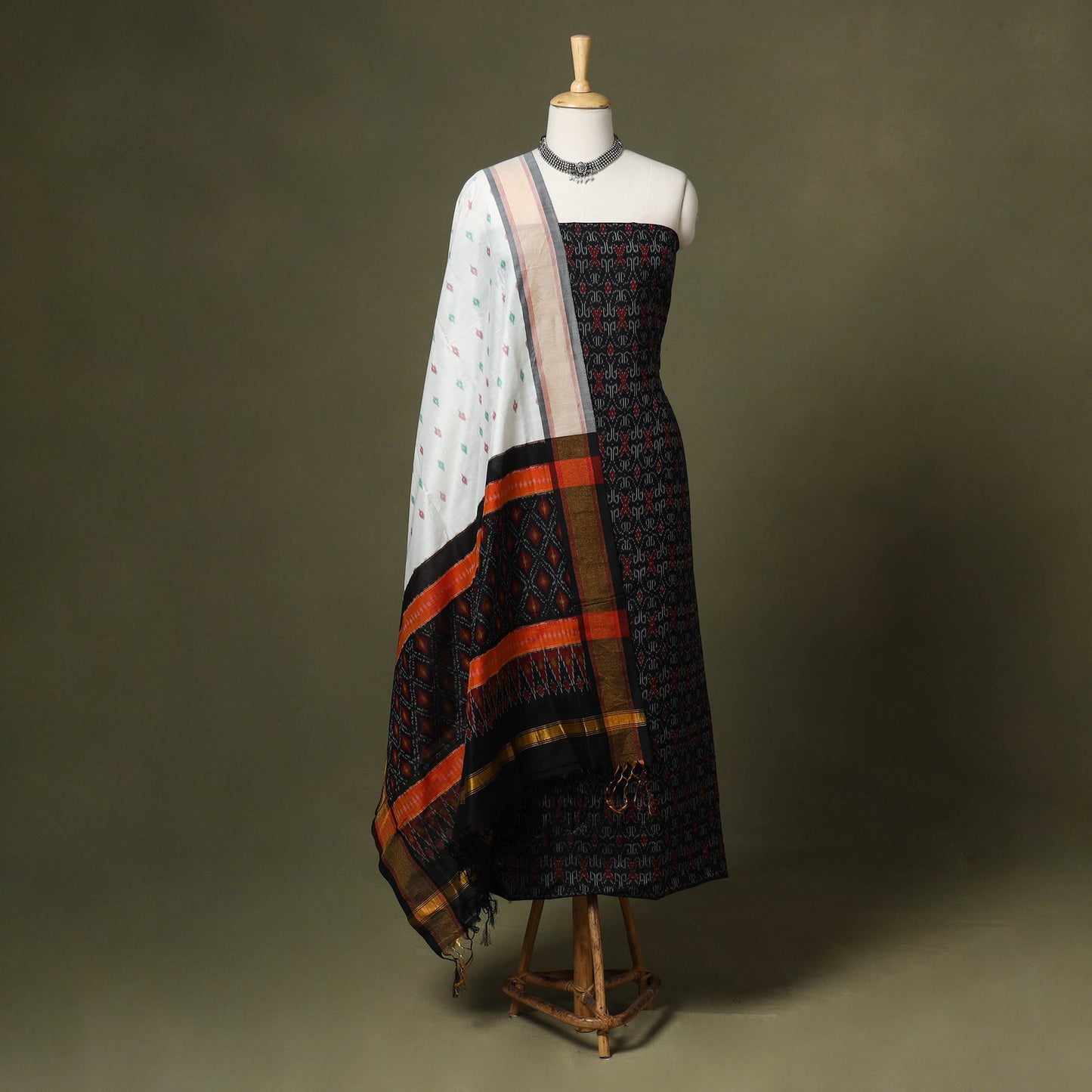 Black - 2pc unstitched handloom sico pochampally ikat dress