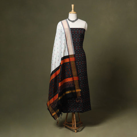 Black - 2pc unstitched handloom sico pochampally ikat dress
