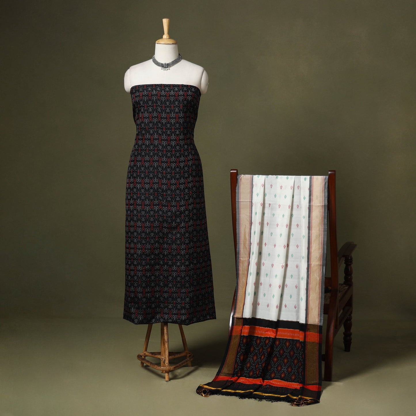 Black - 2pc unstitched handloom sico pochampally ikat dress