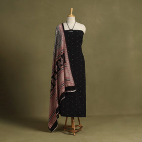 Black 2pc Unstitched Jacquard Dress Material with Jewellery Set