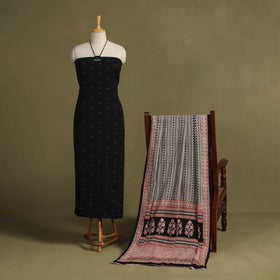 Black 2pc Unstitched Jacquard Dress Material with Jewellery Set