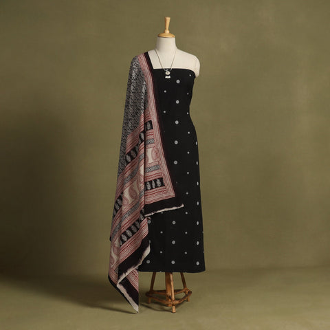 Black 2pc Unstitched Jacquard Dress Material with Jewellery Set