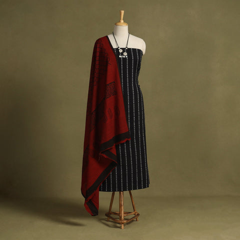 Black 2pc Unstitched Jacquard Dress Material with Jewellery Set