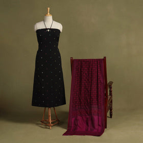 Black 2pc Unstitched Jacquard Dress Material with Jewellery Set