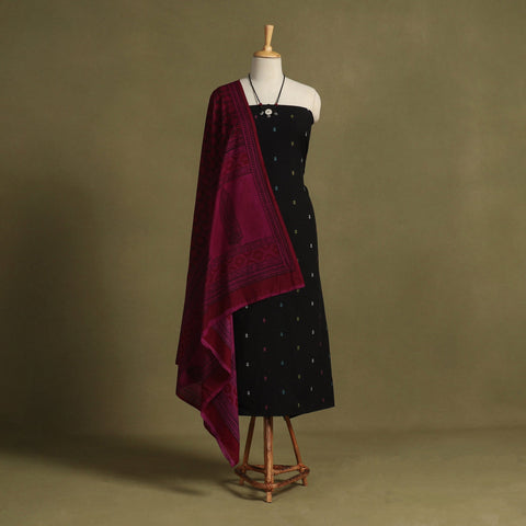 Black 2pc Unstitched Jacquard Dress Material with Jewellery Set