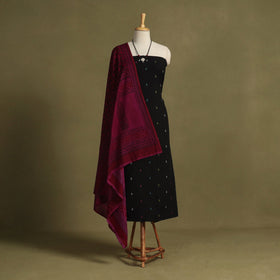 Black 2pc Unstitched Jacquard Dress Material with Jewellery Set