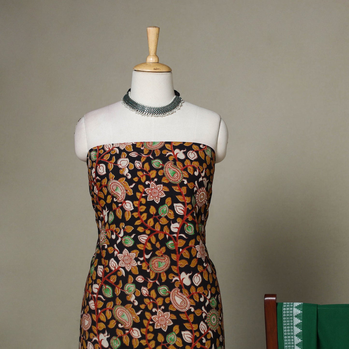 Black - 2pc unstitched printed cotton kalamkari dress