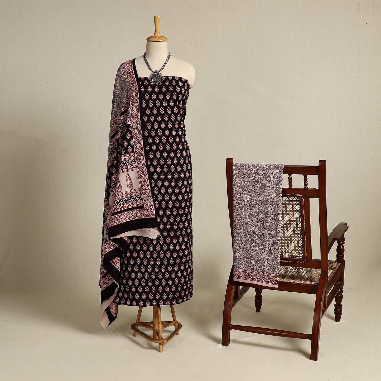 Black 3pc Bagh Print Cotton Dress Material Set