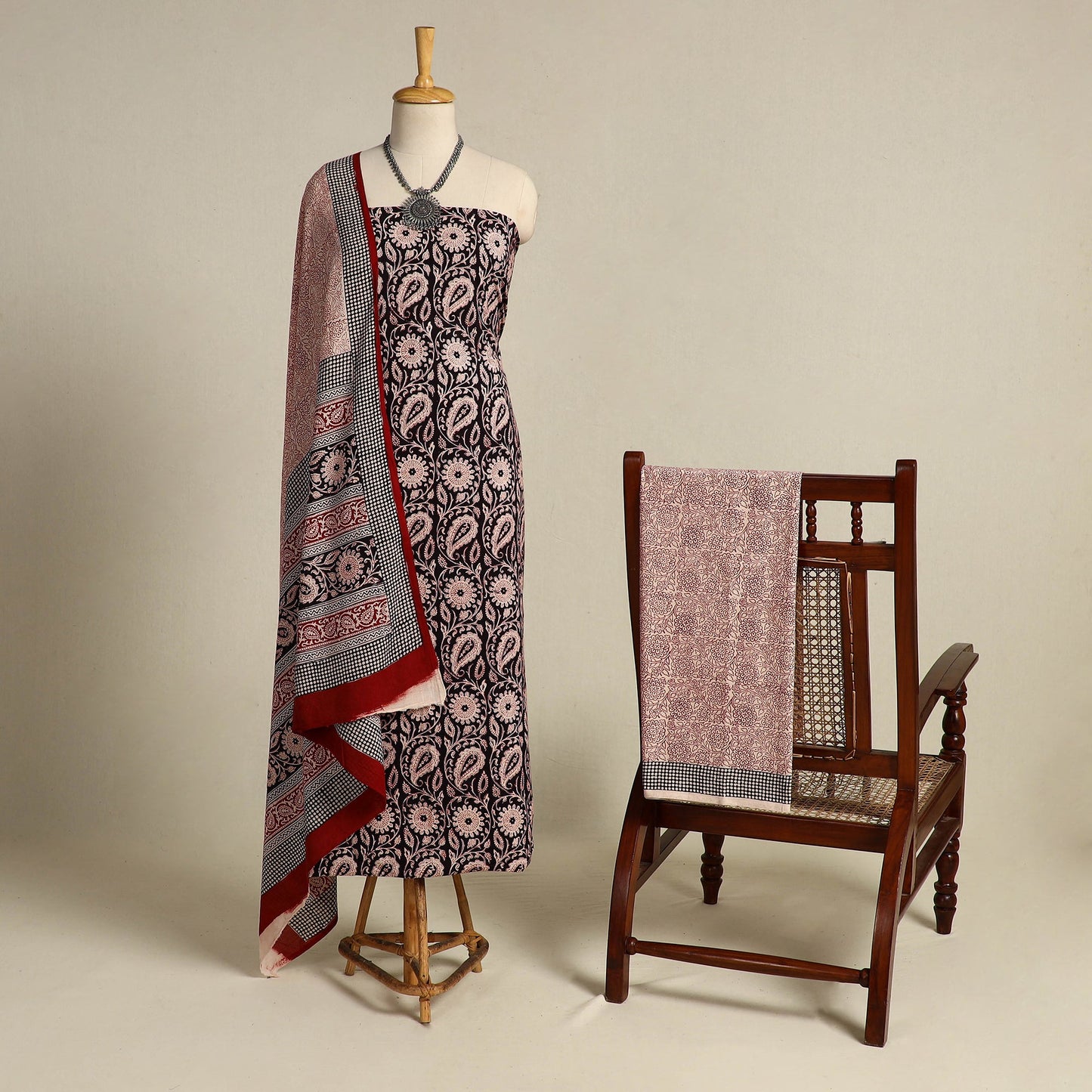 Black 3pc Bagh Print Cotton Dress Material Set