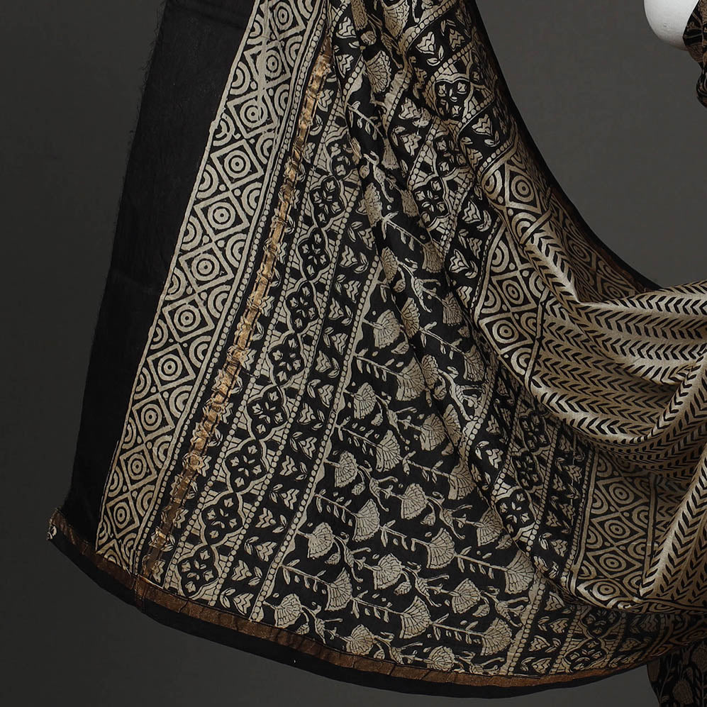 Black 3pc Bagru Print Chanderi Silk Dress Material Online 