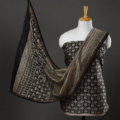 Black 3pc Bagru Print Chanderi Silk Dress Material Online 