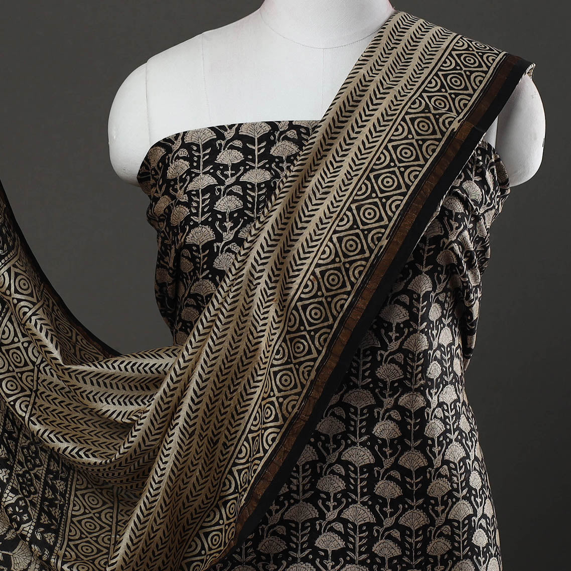 Black 3pc Bagru Print Chanderi Silk Dress Material Online 