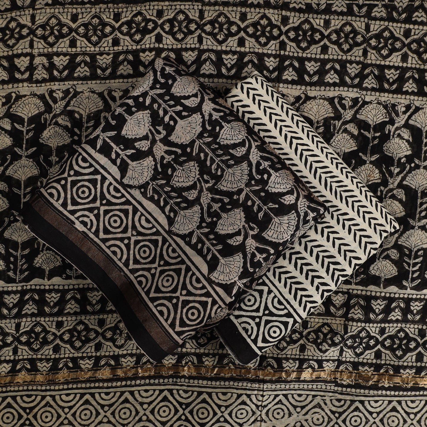 Black 3pc Bagru Print Chanderi Silk Dress Material Online 