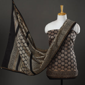 Black 3pc Bagru Print Chanderi Silk Dress Material Online 