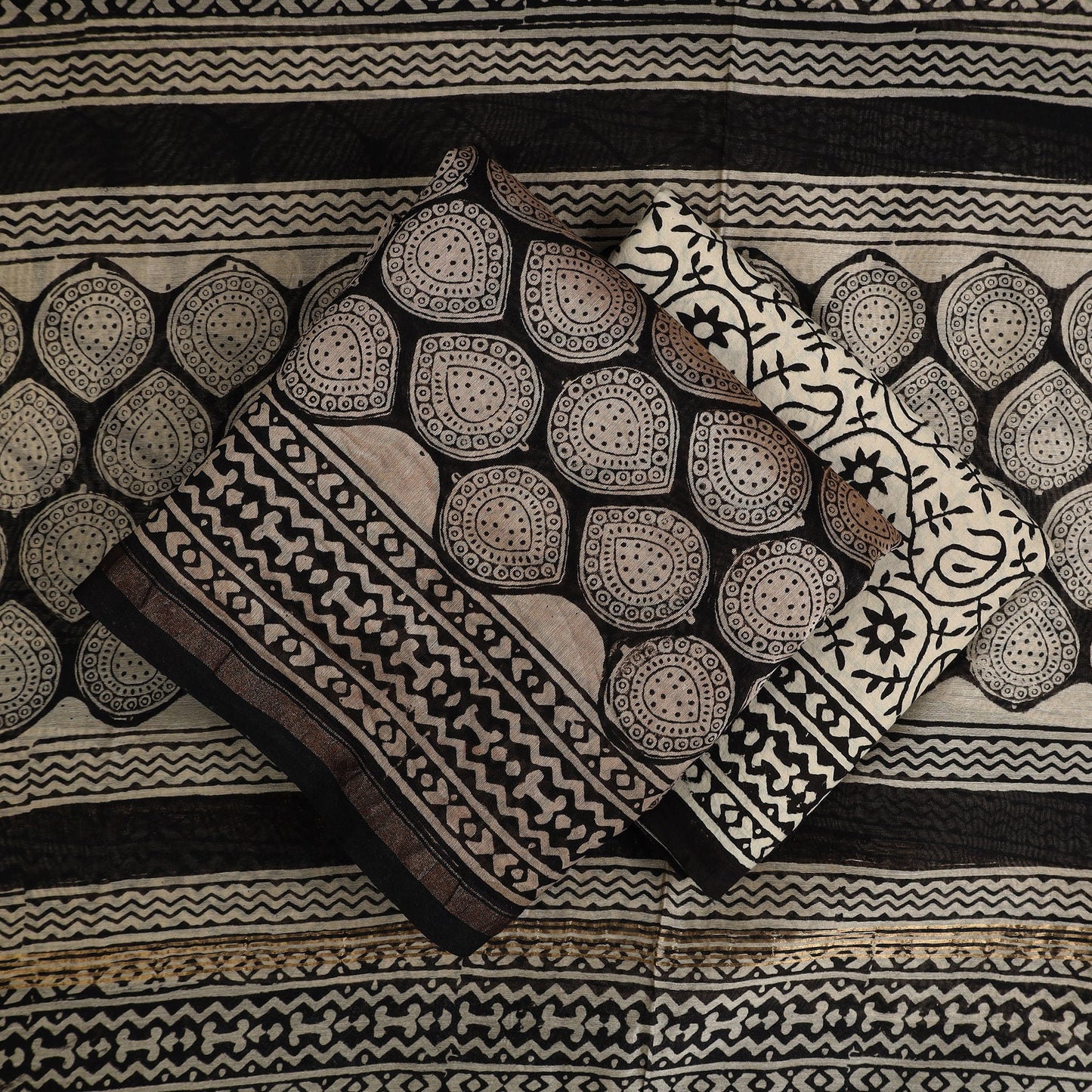 Black 3pc Bagru Print Chanderi Silk Dress Material Online 