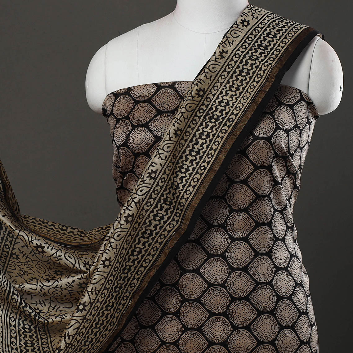 Black 3pc Bagru Print Chanderi Silk Dress Material Online 