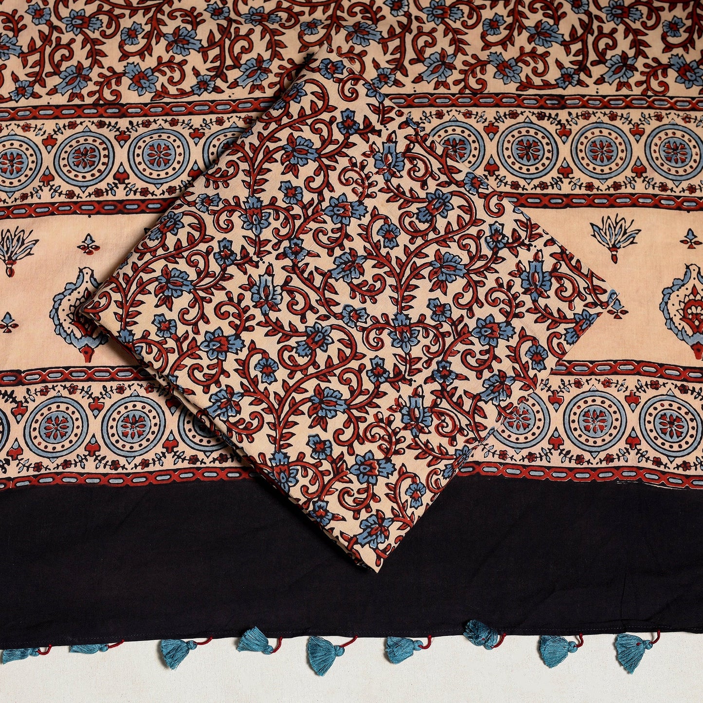 Black 3pc Block Print Natural Dyed Ajrakh Dress Material