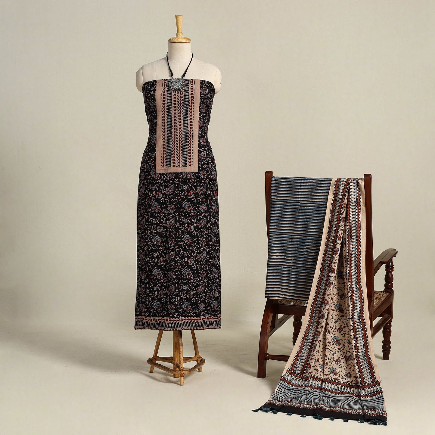 Black 3pc Block Print Natural Dyed Ajrakh Dress Material