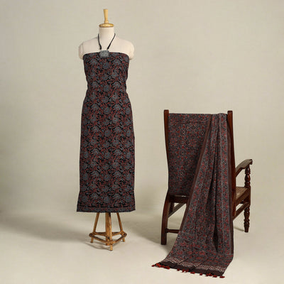 Black 3pc Block Print Natural Dyed Ajrakh Dress Material